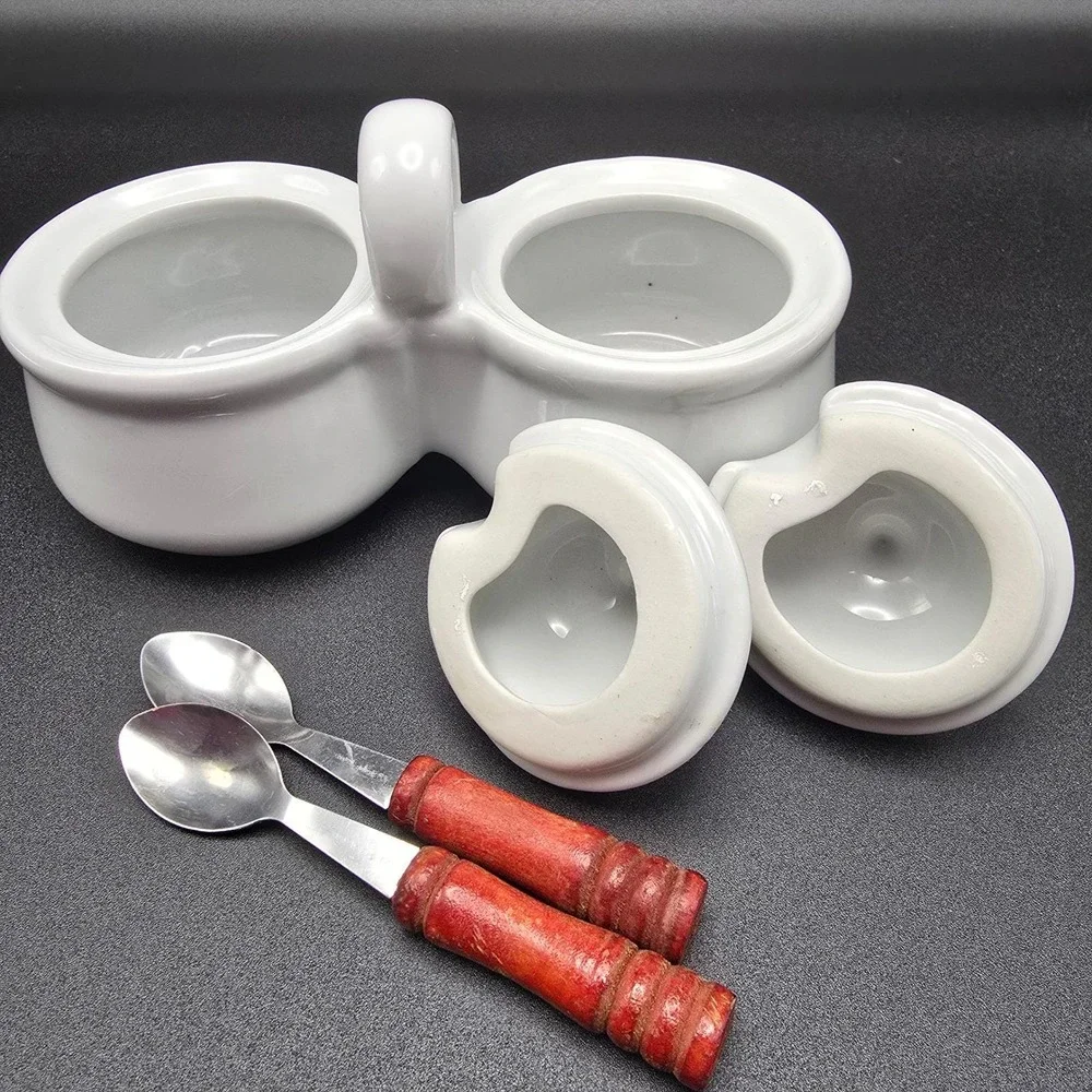 Houston Harvest HH Double Ceramic Condiment Server‎ Dish with Spoons White